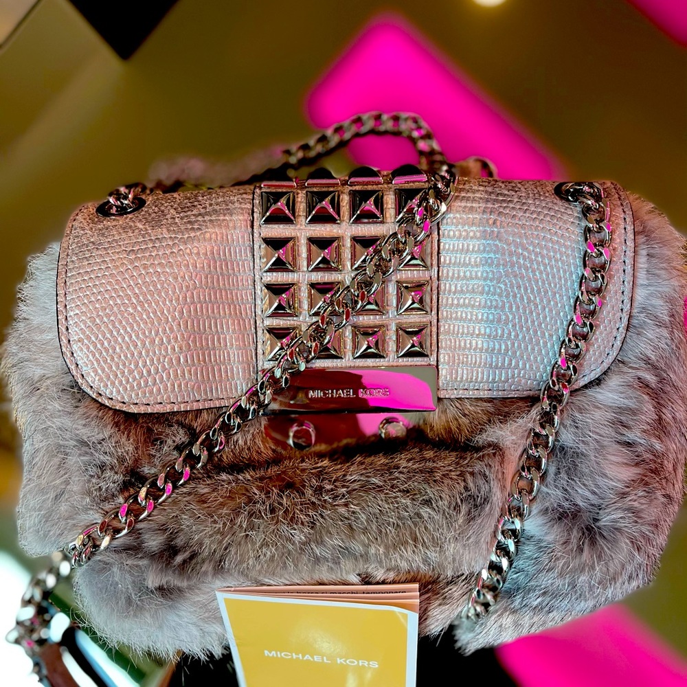 Michael Kors genuine fur and leather grey purse
